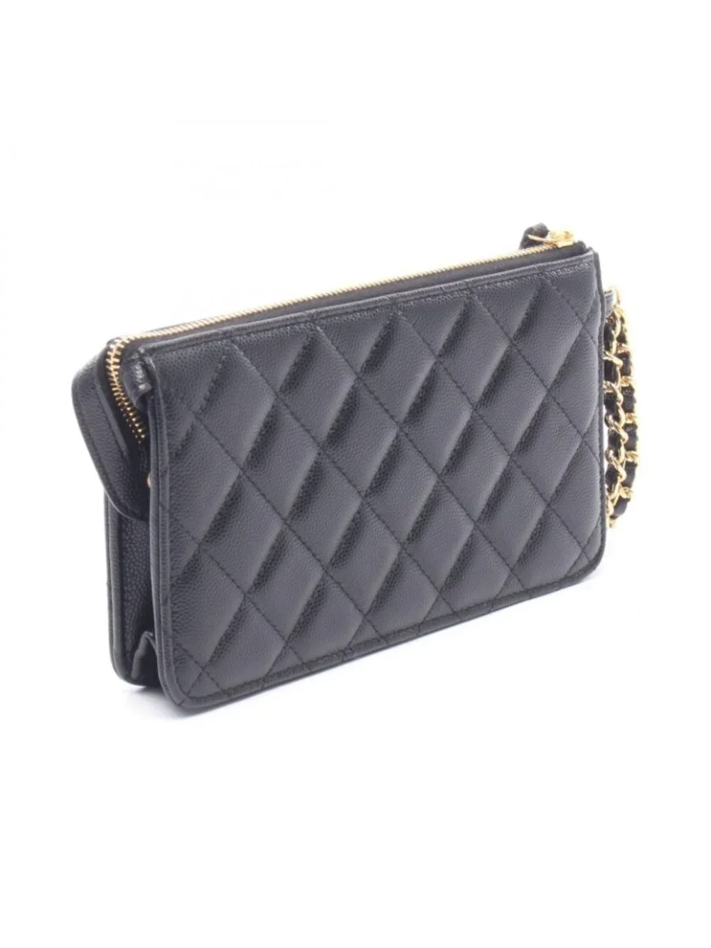 Chanel Clutch Quilted Wallet Black Caviar Leather Chain